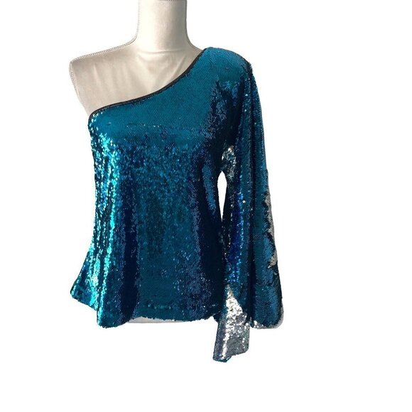 KY Womens Sequin Off The Shoulder Top Size Medium Custom Made Dramatic Sleeve
